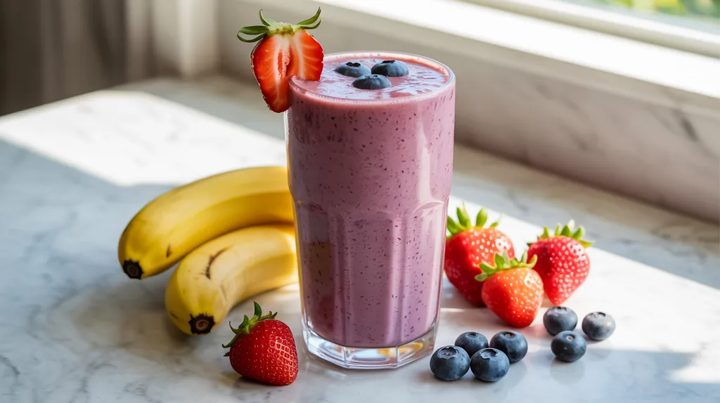 Fruit and protein smoothie ready before a workout.