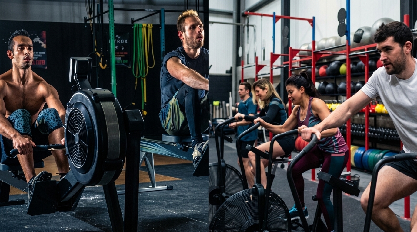 Athletes use rowers and air bikes in group class, blending Hyrox cardio with CrossFit intensity.