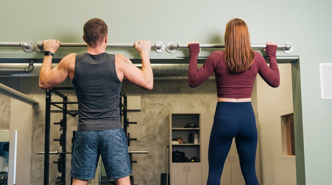 Man and woman demonstrating standard pull ups together on wall-mounted bar for back strength training