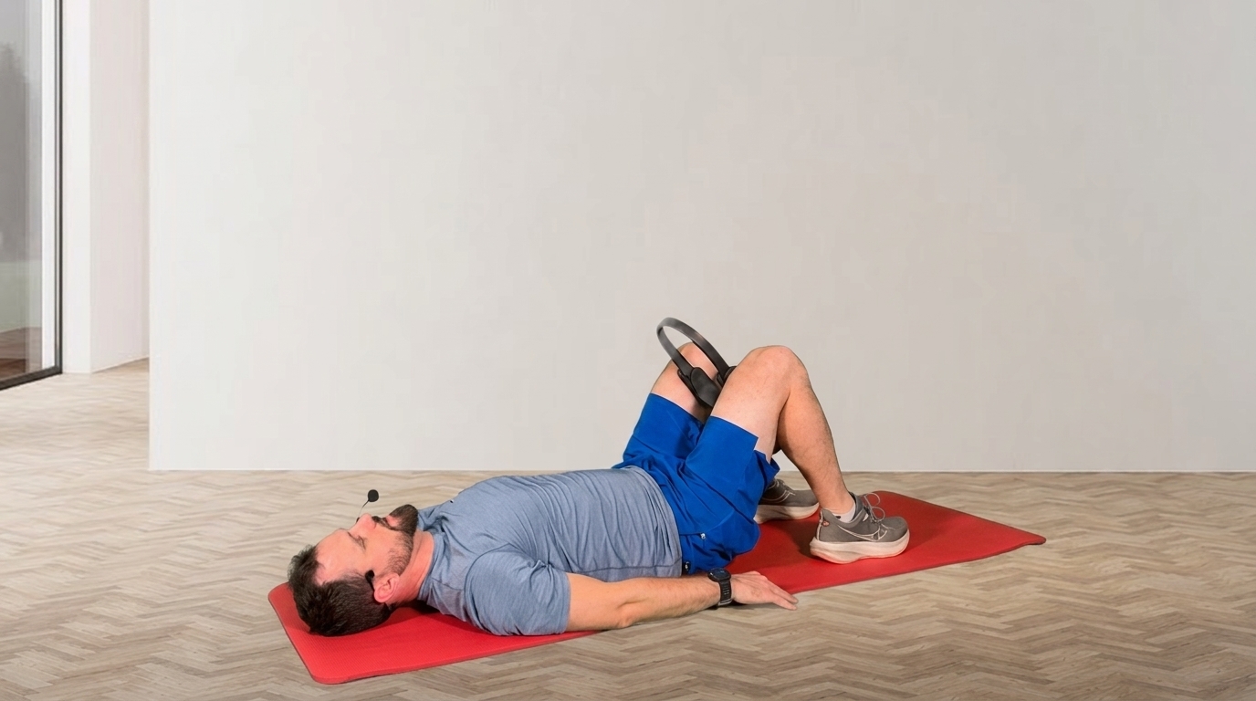 A man lying on a red mat squeezes Thigh Master between knees in blue shorts for inner thigh work.