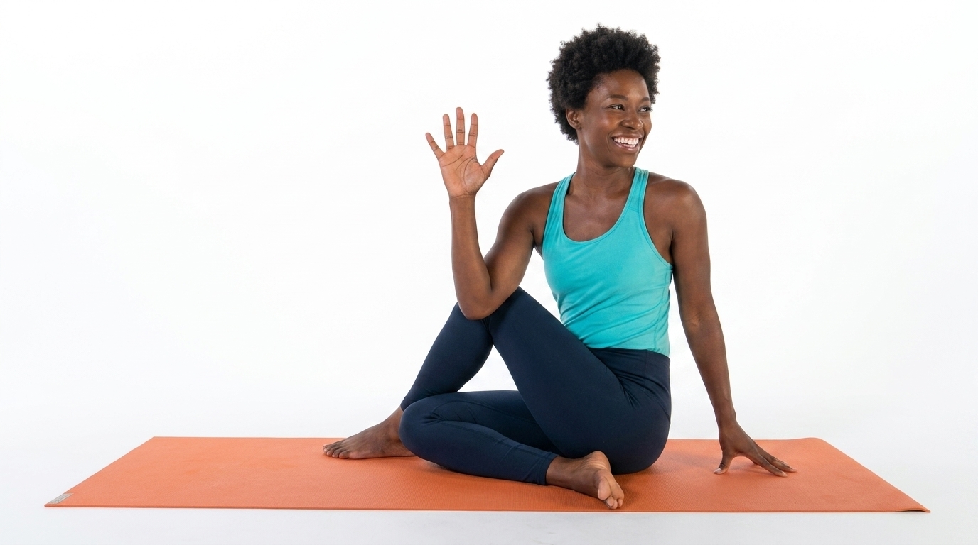 Person performing seated spinal twist to improve back rotation and mobility