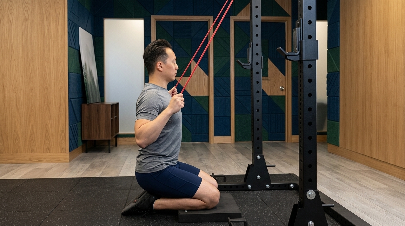A man is performing Banded Lat Pulldown with a resistance band