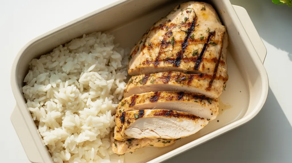 Chicken and rice meal prepared for pre workout energy.