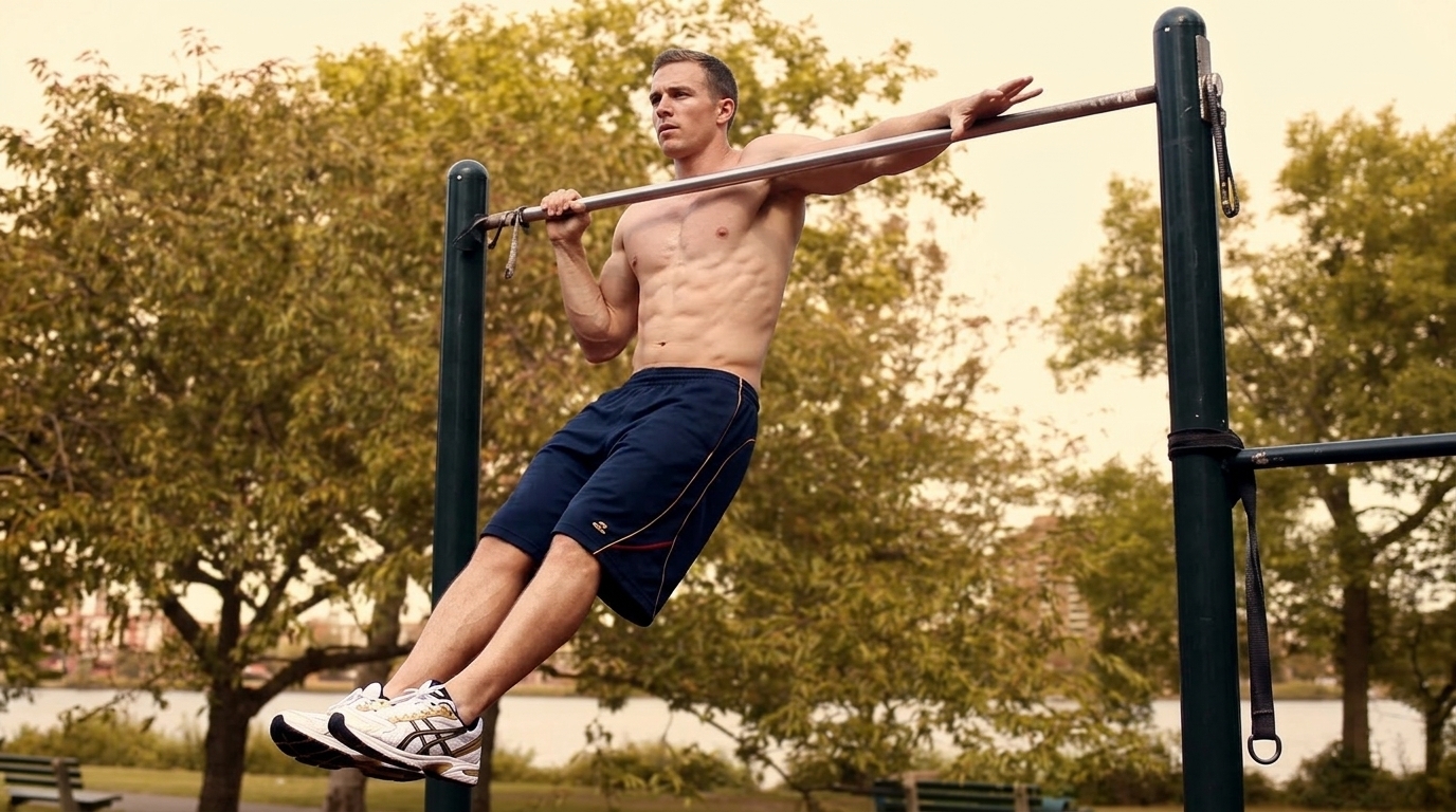 Man executing typewriter pull up variation at outdoor calisthenics park for unilateral back strength