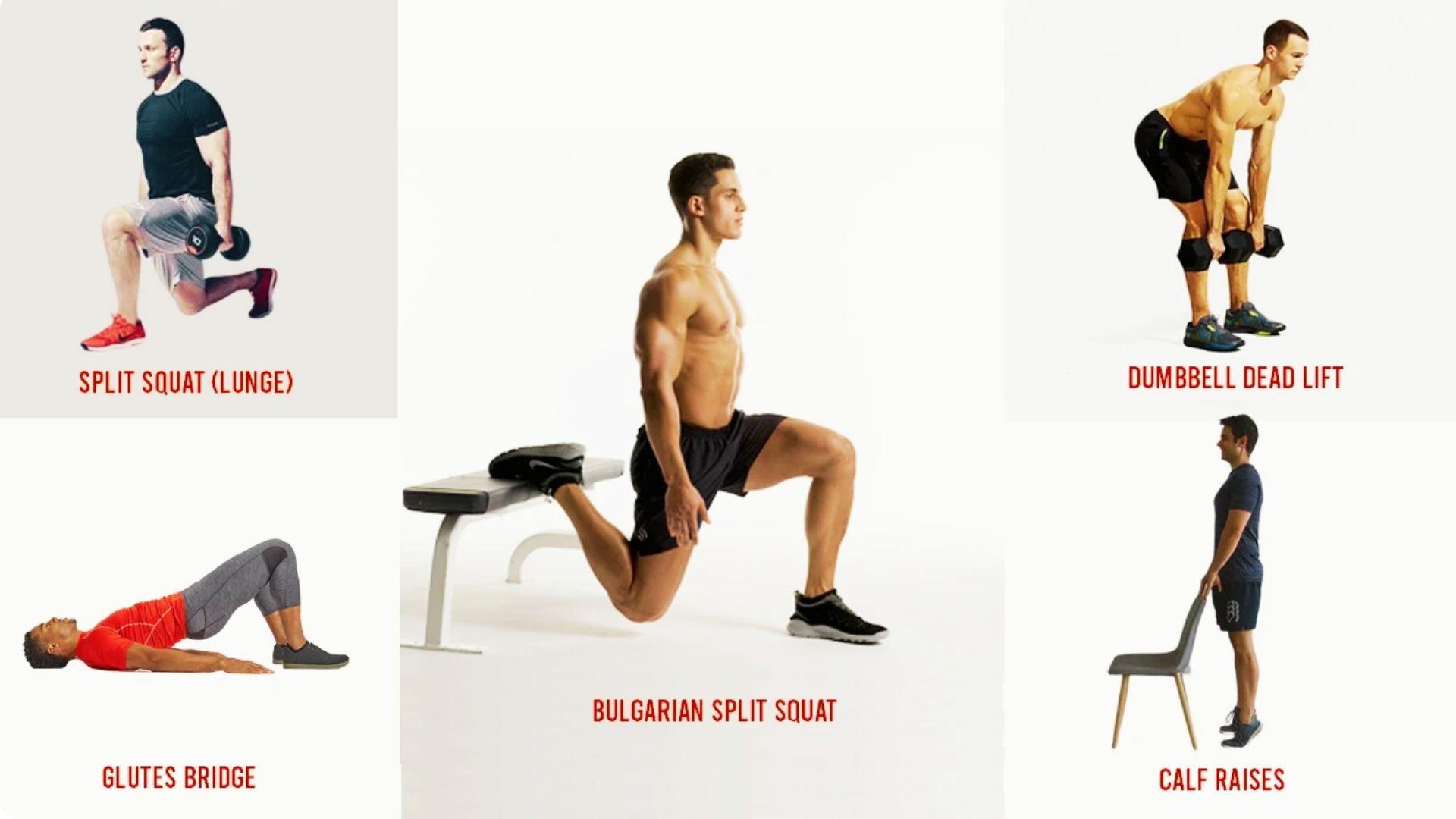 Collection of leg day exercises including squats, deadlifts, lunges, and machine movements designed to strengthen the entire lower body.