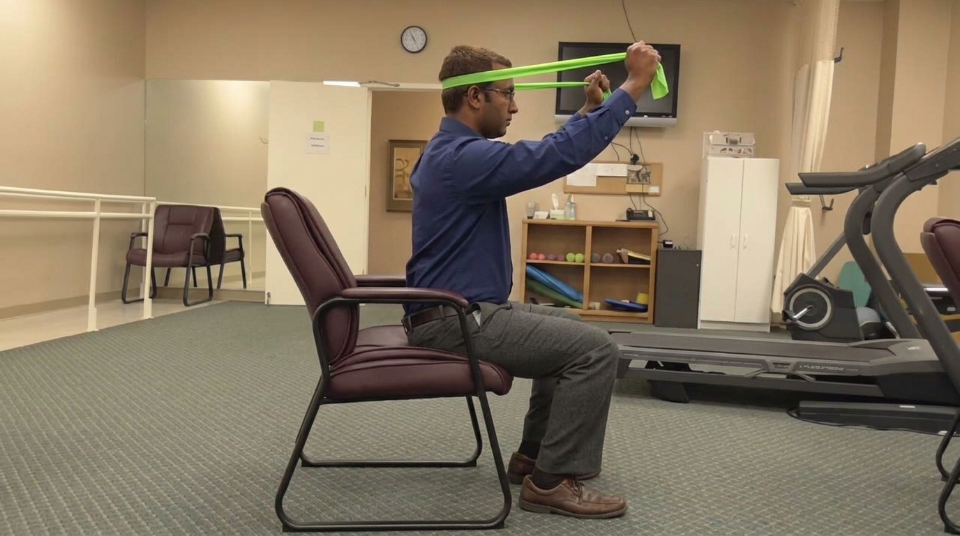 Man seated on chair using green resistance band around head for chin tuck strengthening exercise in rehab clinic