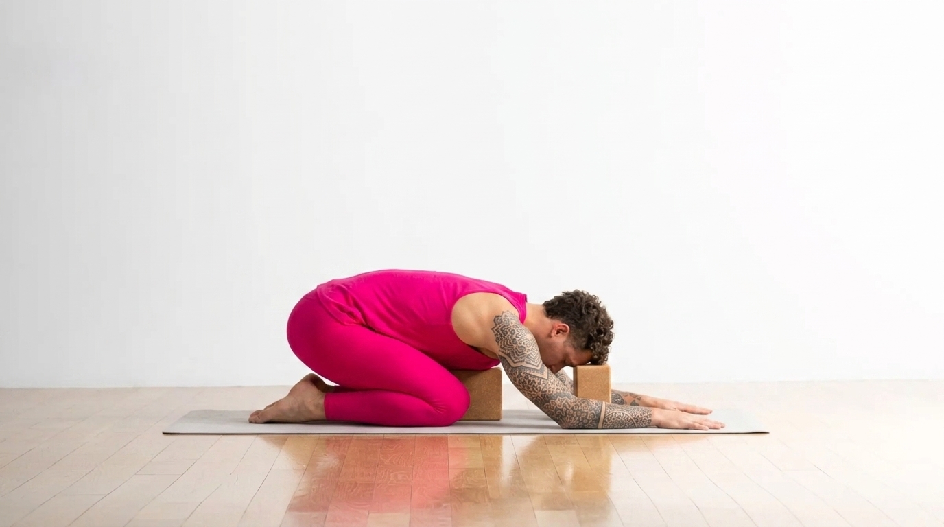 Person performing dynamic child's pose reach to stretch back and lats
