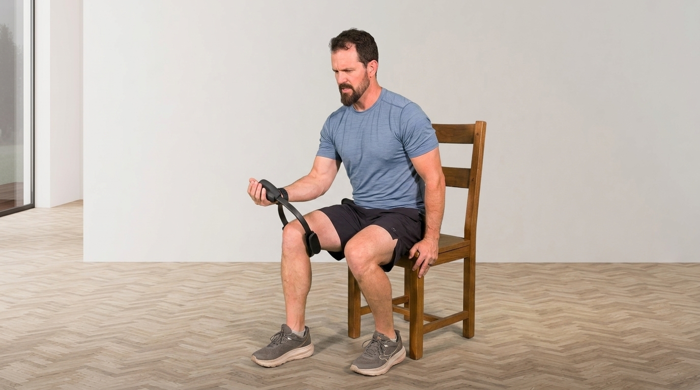 The man seated on the chair uses Thigh Master for single-arm bicep curls with resistance support.