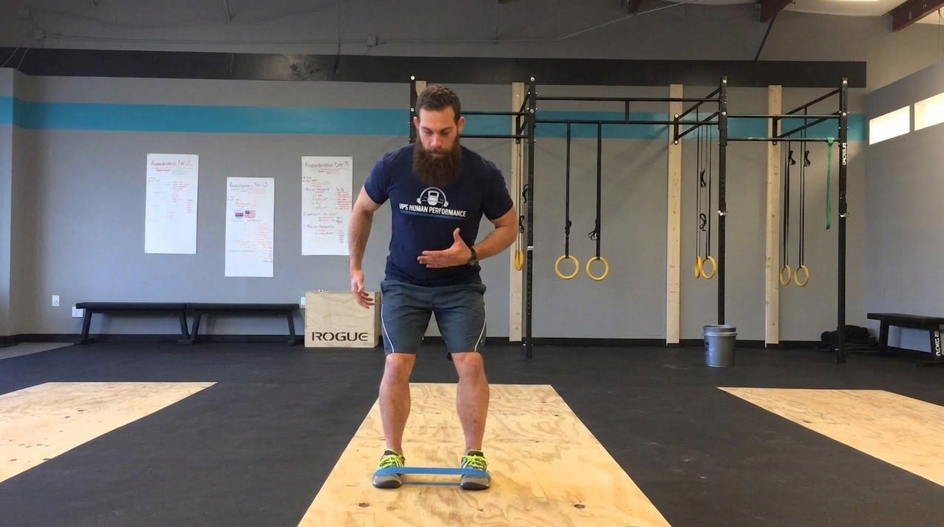 Man in navy t-shirt standing on a wooden platform with a resistance band looped around both ankles.