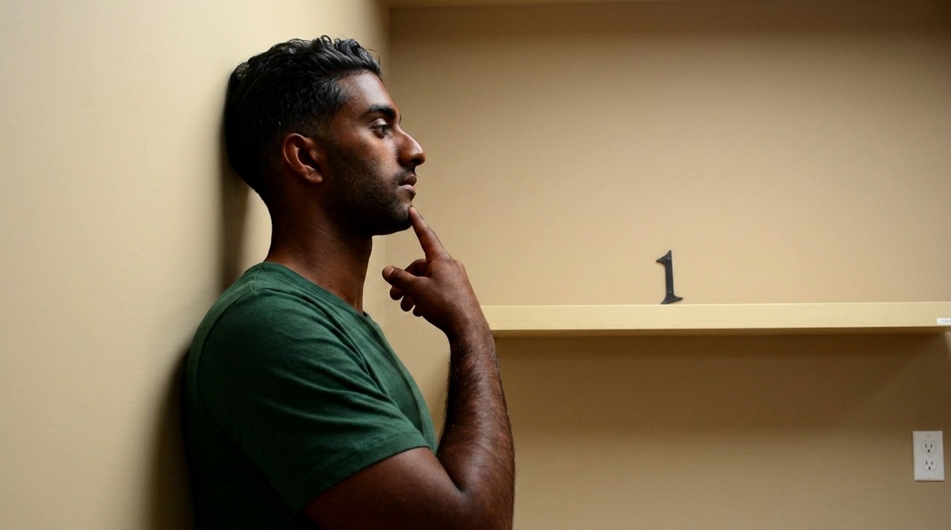 Man standing against wall practicing chin tuck posture correction exercise with finger under chin for alignment