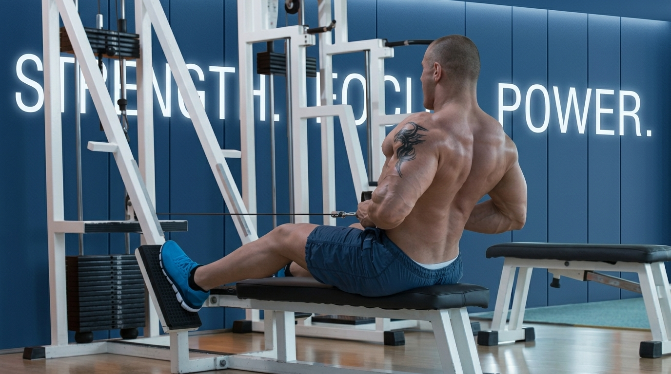 a man doing cable back in the gym.