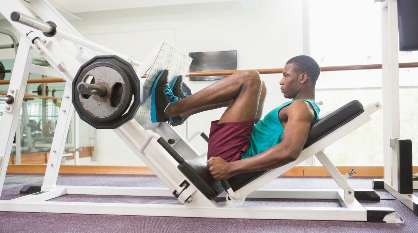 Man in teal tank top demonstrating low foot placement near bottom of leg press platform.