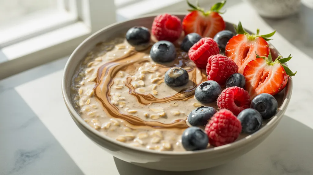 Protein oatmeal topped with berries for pre workout nutrition.
