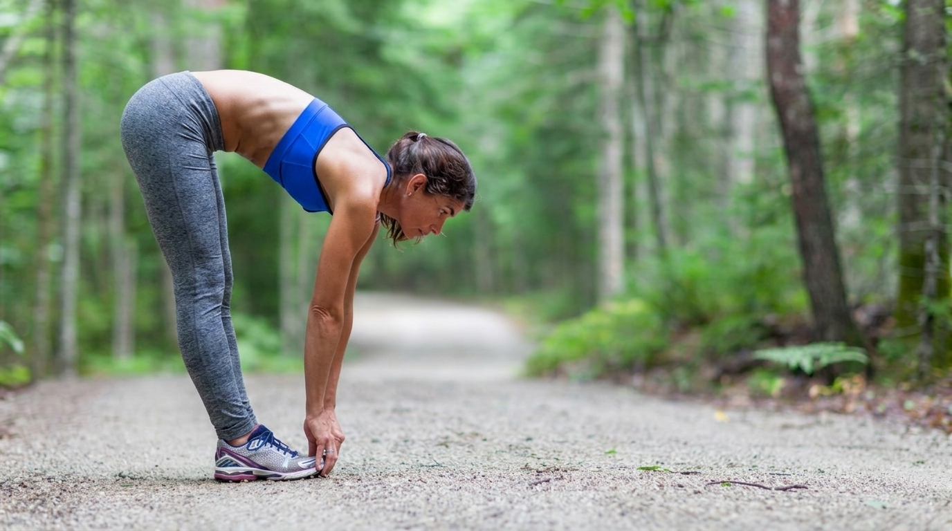 Woman in a blue sports bra and grey leggings performs a standing forward fold on a forest path.