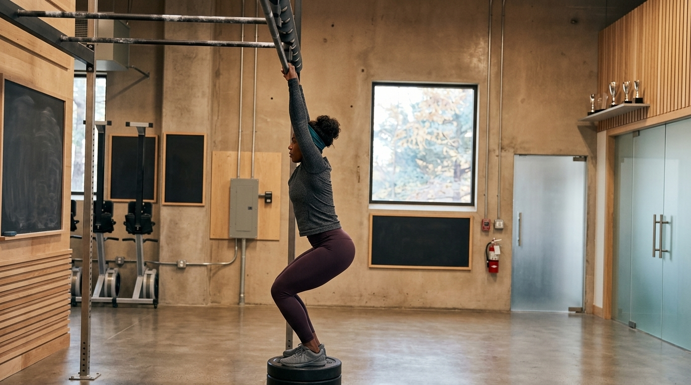 Woman doing Jumping Pull-Up to improve grip and back endurance