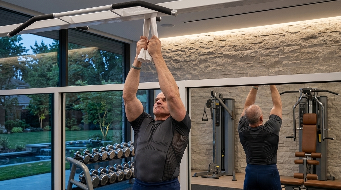 man using towel grip for pull ups in luxury home gym to increase forearm and back strength