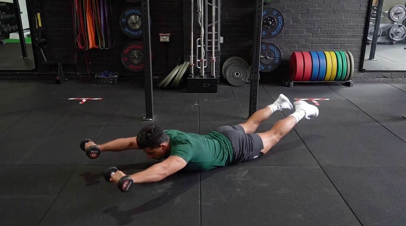 Man in green shirt lies face down on the gym floor holding light dumbbells with arms extended, legs lifted.