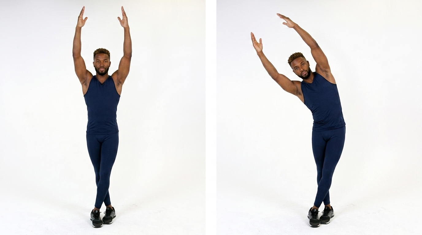 Person performing standing reach and side bend to improve flexibility