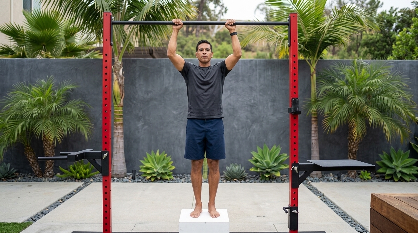 Man doing Negative pull up on platform demonstrating starting position for back exercises