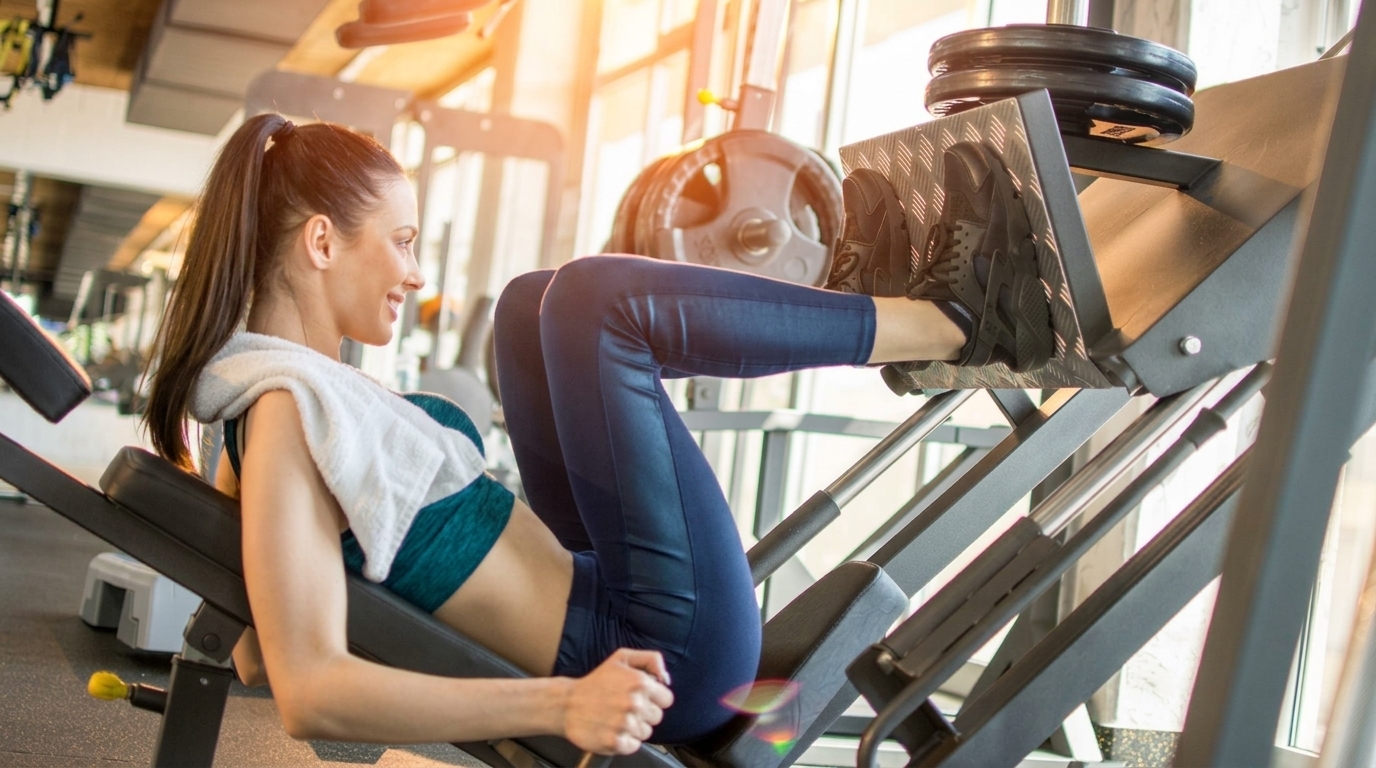 Woman in navy leggings with narrow, high foot placement on leg press machine.