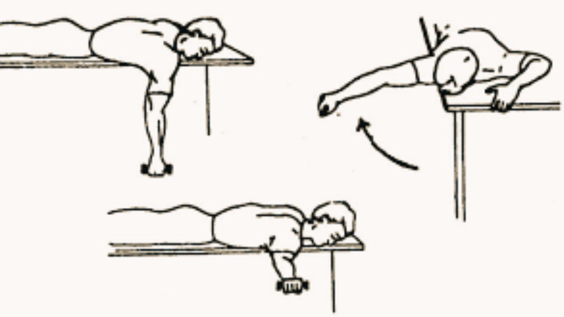Line drawing of prone dumbbell exercises showing front raise, lateral raise, and external rotation variations performed lying on bench