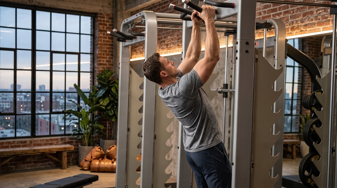 Man holding close grip chin up position on power rack in gym showing back and bicep muscle engagement