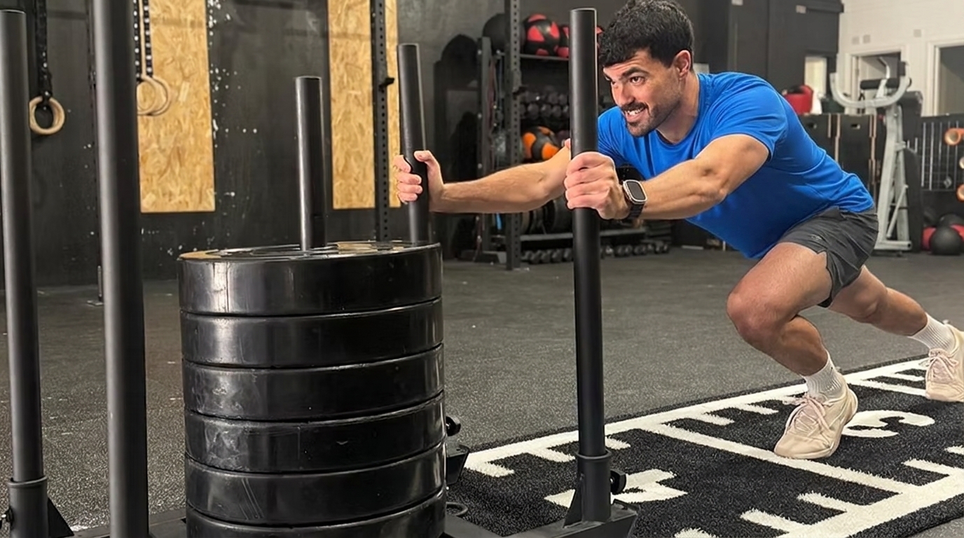 Athlete pushes a weighted sled in the gym, a core Hyrox station that tests power and endurance.