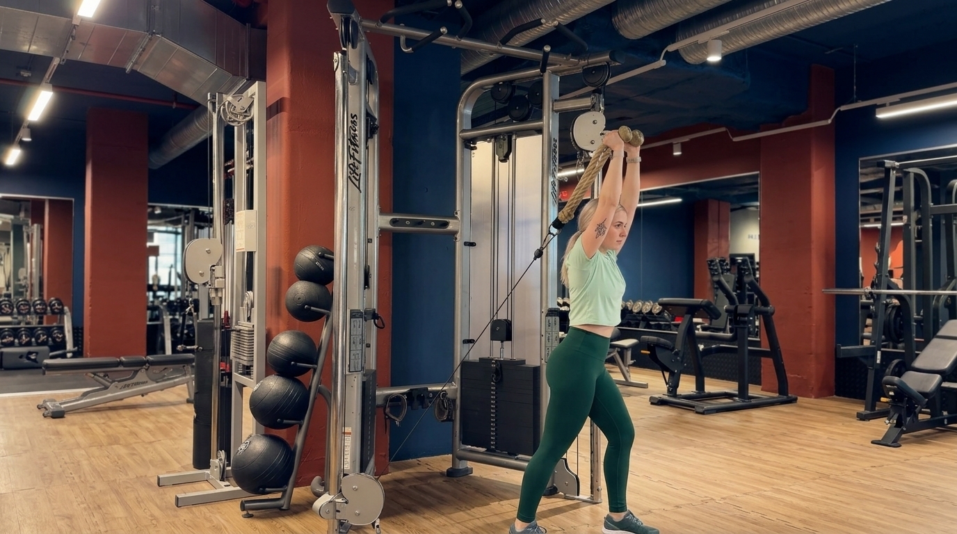 Women in gym performing Cable Overhead Tricep Extension exercise targeting medial head of triceps for muscle growth