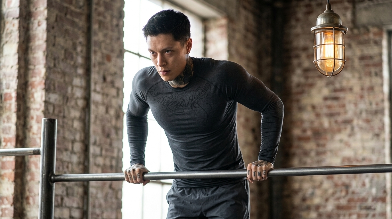Tattooed man performing straight Muscle ups in industrial gym targeting triceps and chest muscles