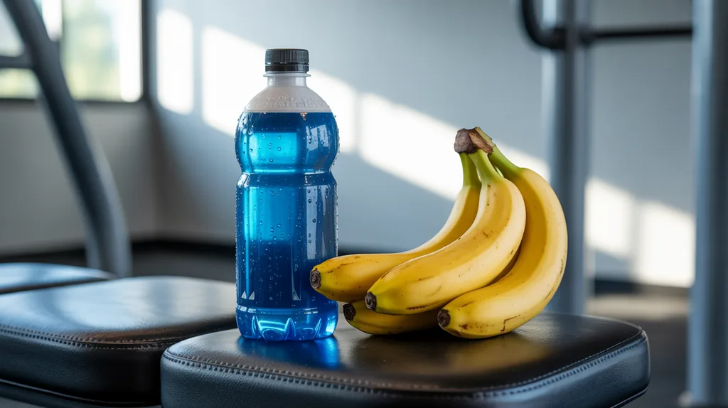 Sports drink and banana for last-minute workout energy.