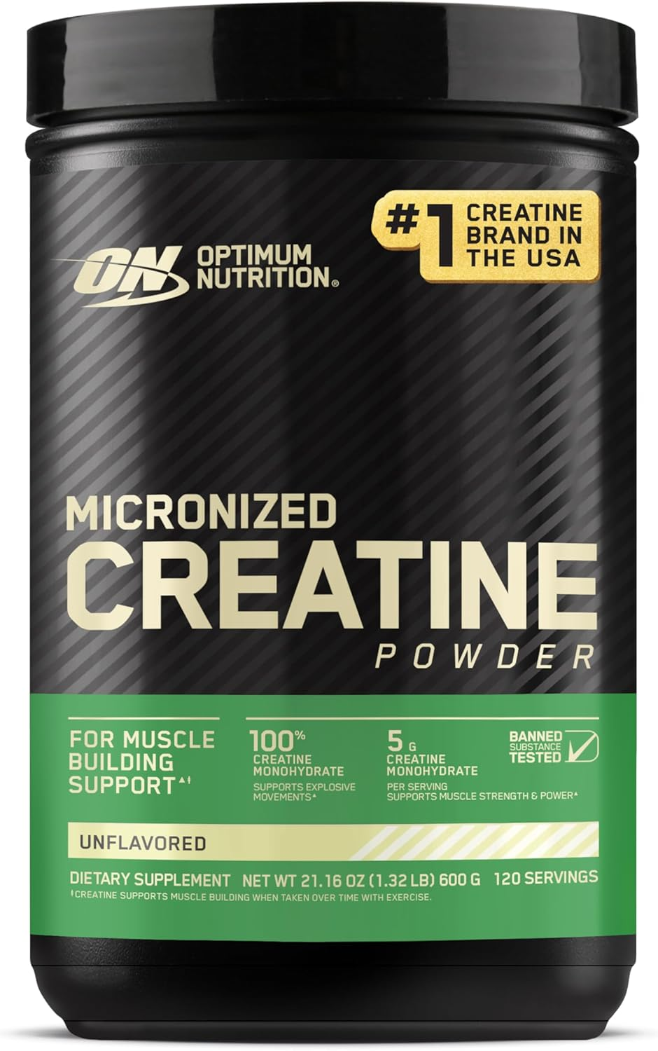 Optimum Nutrition micronized creatine powder in a black container with a yellow label, showcasing its nutritional benefits.