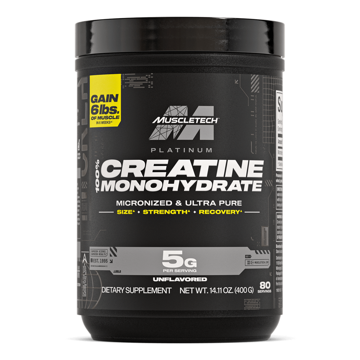 A 5 lb container of creatine monohydrate, labeled with nutritional information and usage instructions.