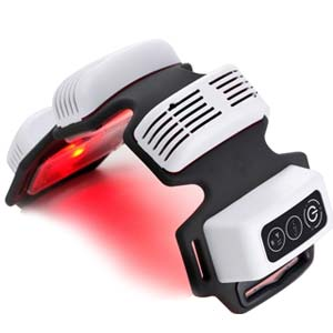 Red LED light illuminated on the back of a headband, indicating power or connectivity status.
