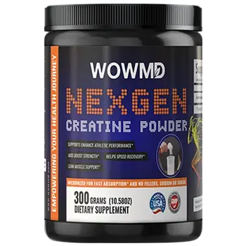 Womd Nexgen creatine powder container with a sleek design, showcasing the brand logo and product details prominently.