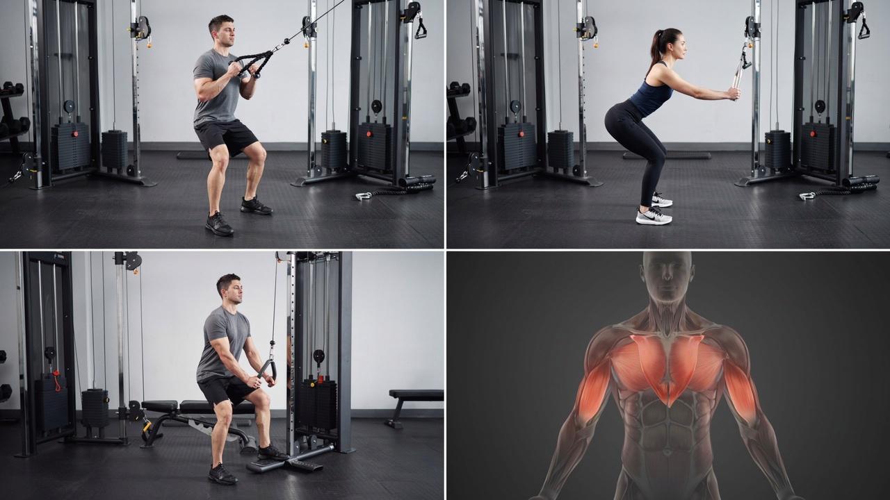 Different cable row variations highlighting various muscle groups.