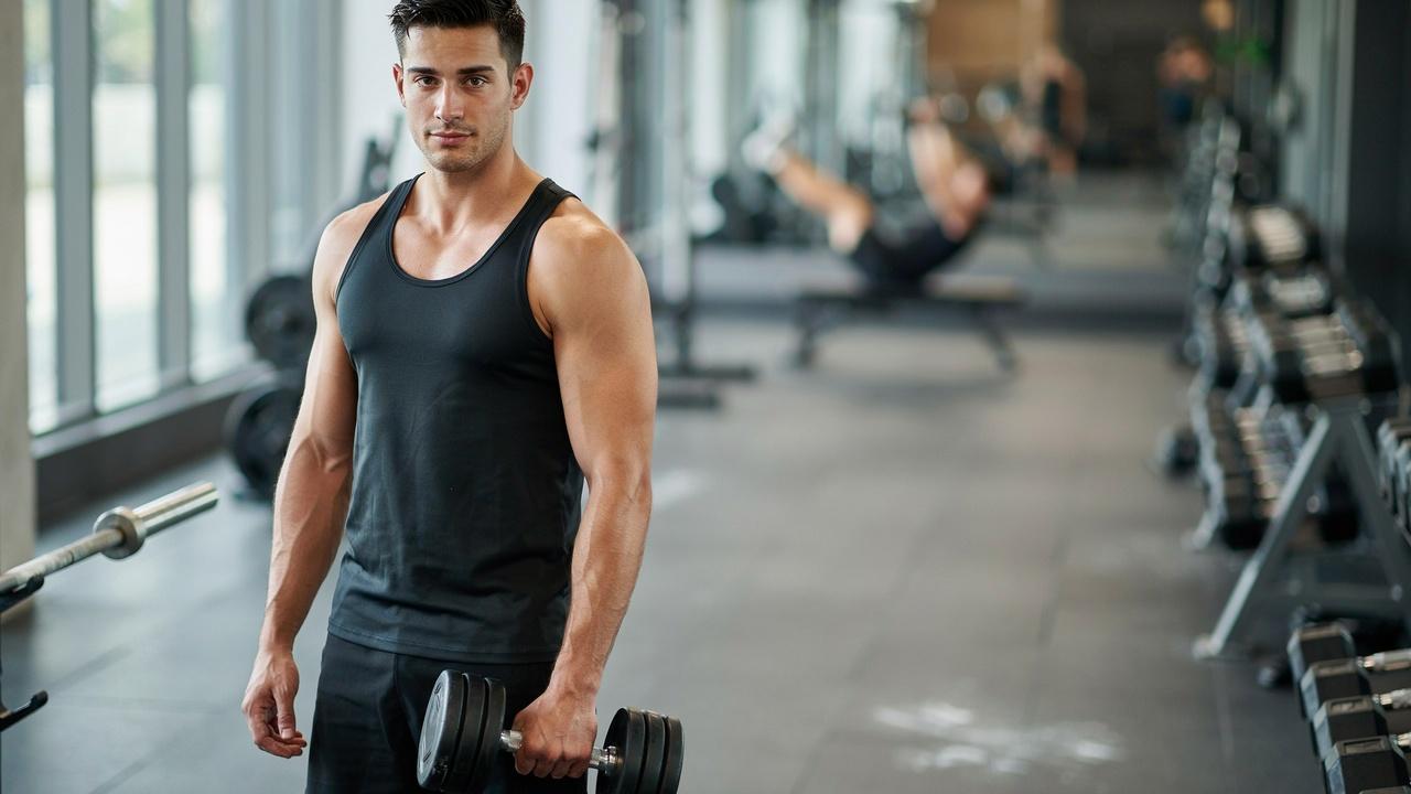 Man holds a dumbbell while standing inside a gym.