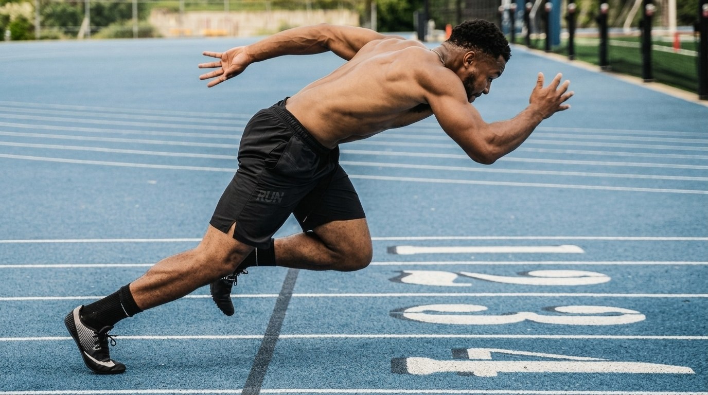 Shirtless athlete explodes from the starting blocks on a blue track, body angled low in a powerful sprint stance.