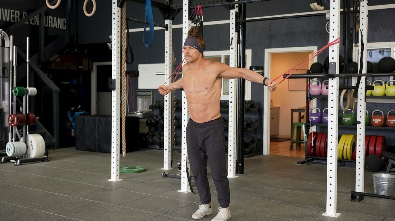 Shirtless man with a headband stands in a functional gym, stretching resistance bands anchored behind him with arms wide.