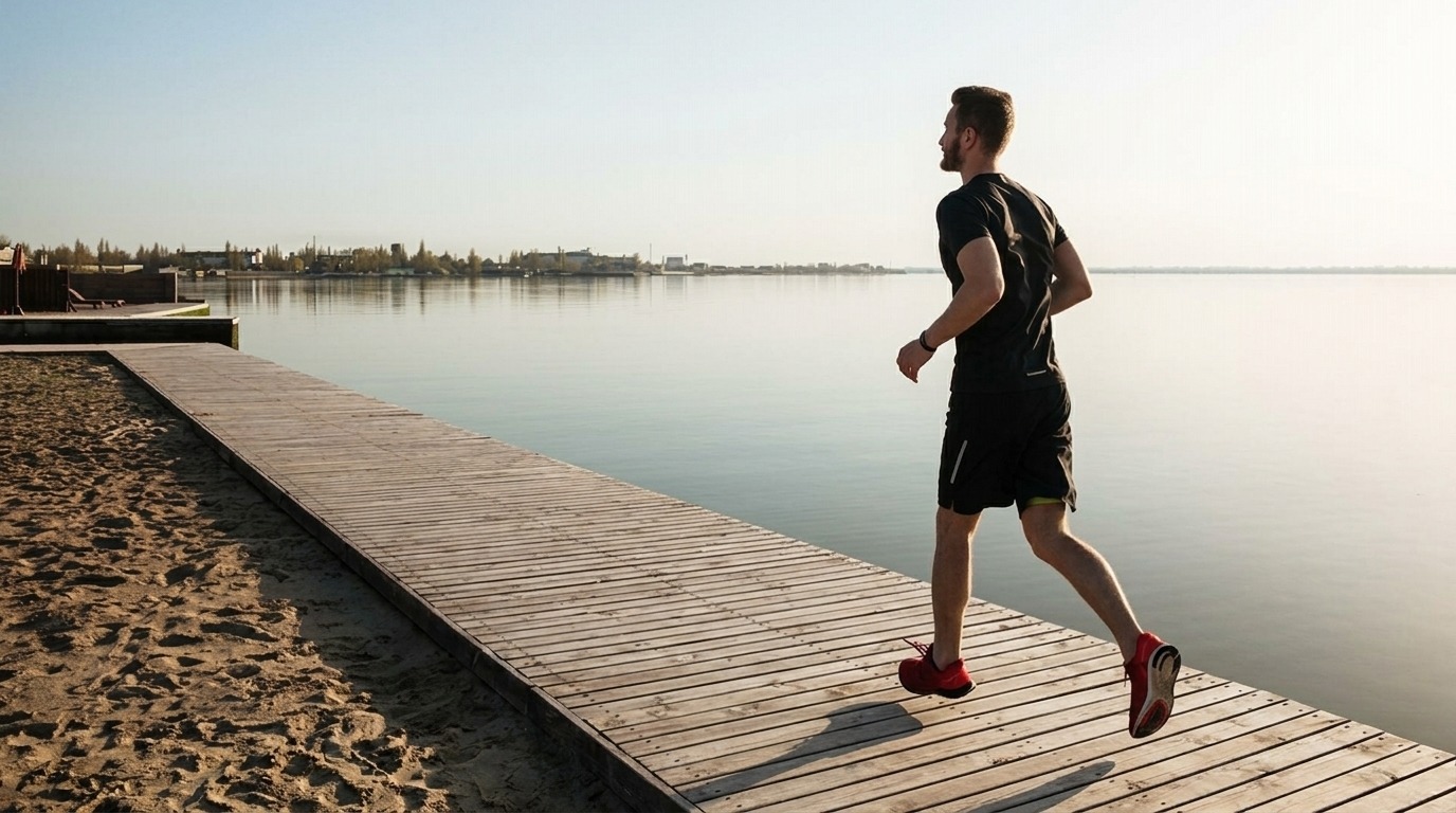 Man in black athletic wear and red shoes jogs along a wooden boardwalk beside calm water at sunrise.