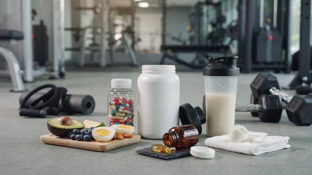 Fitness supplements including protein powder, creatine, omega-3, and vitamins for workout support.