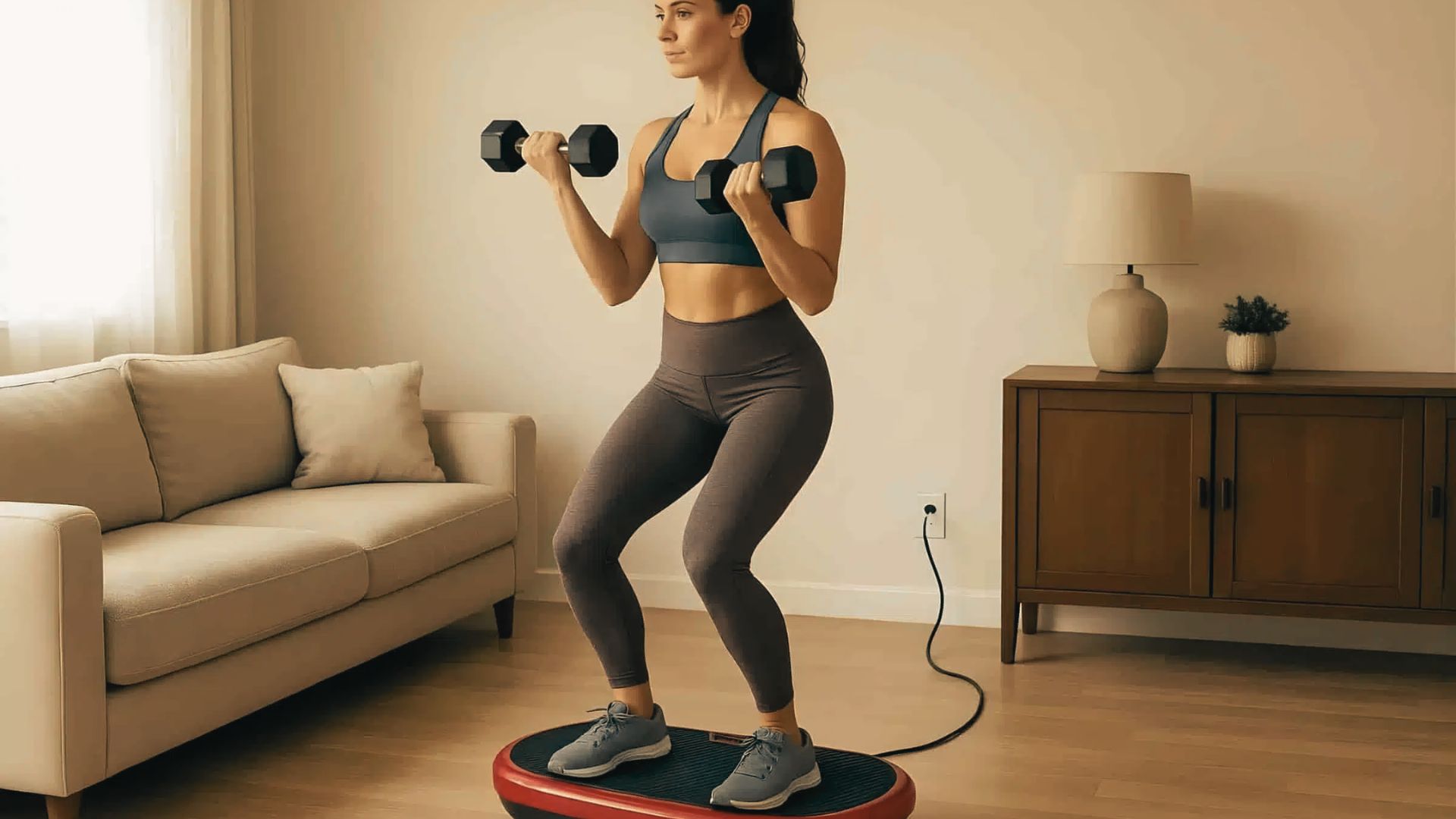 Woman in gray activewear performs dumbbell bicep curls while standing on a red vibration plate in a living room.