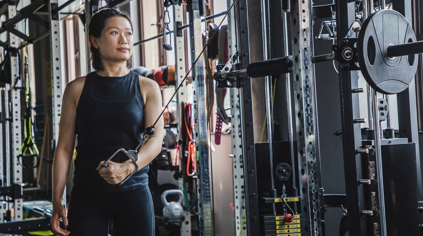 Woman in a black tank top holds a single D-handle at a cable machine in a gym, preparing for a unilateral cable fly.