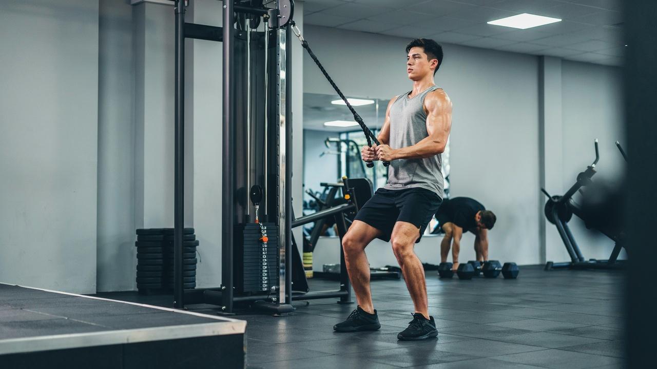 Standing cable row showing upper back and core activation.