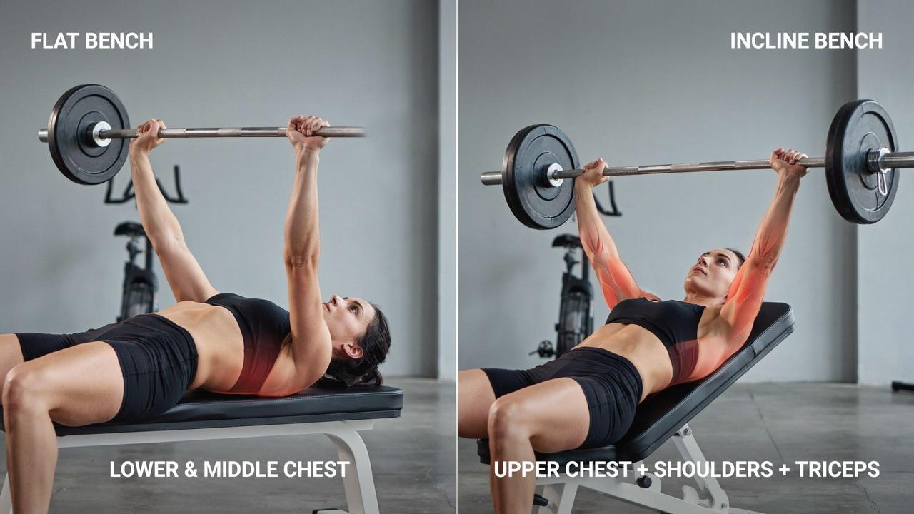 A person performs flat and incline barbell bench press exercises to compare focused muscle areas.