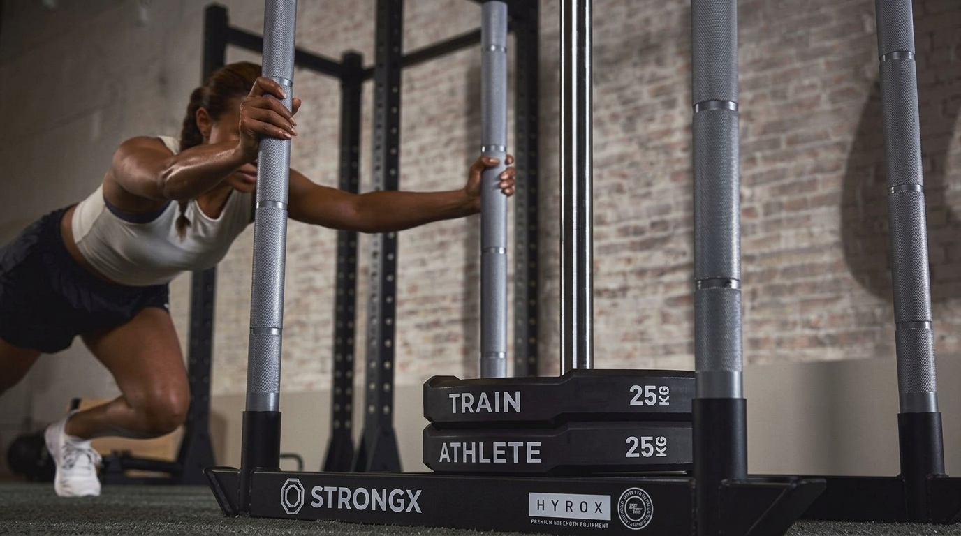 Female athlete in a white tank pushes a loaded StrongX sled with 25kg plates across gym turf.