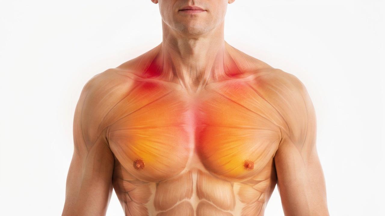 Male chest diagram shows upper, middle, and lower muscle activation zones in red and orange during bench press.