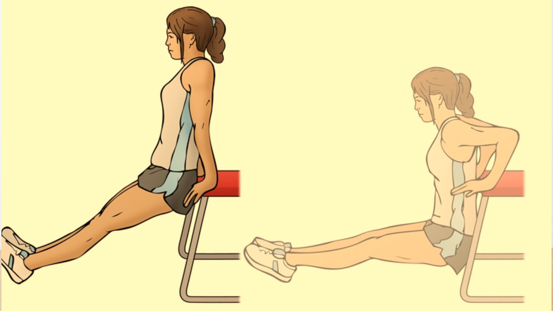 A woman in athletic wear performing a bench dip in two steps to demonstrate proper execution and form.