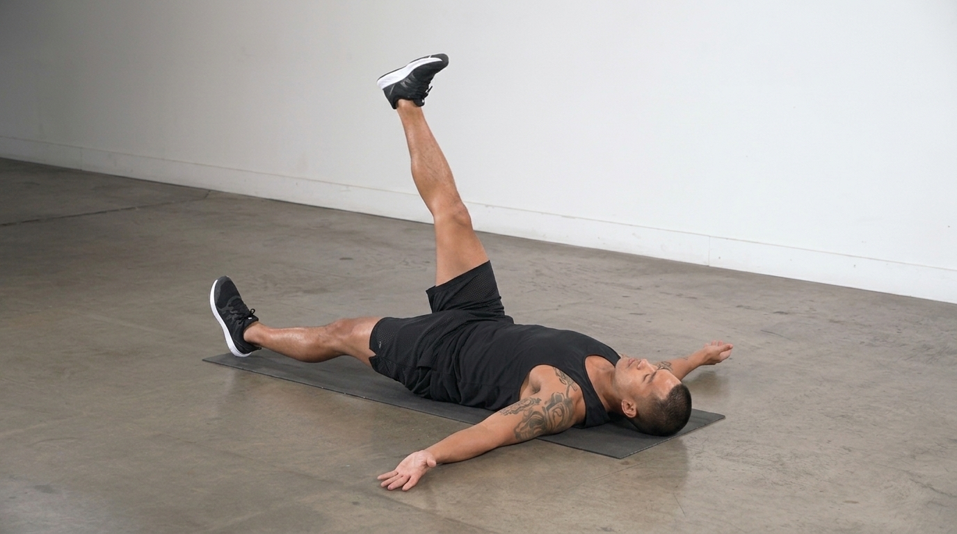Iron cross stretch for improving lower back and hip flexibility.