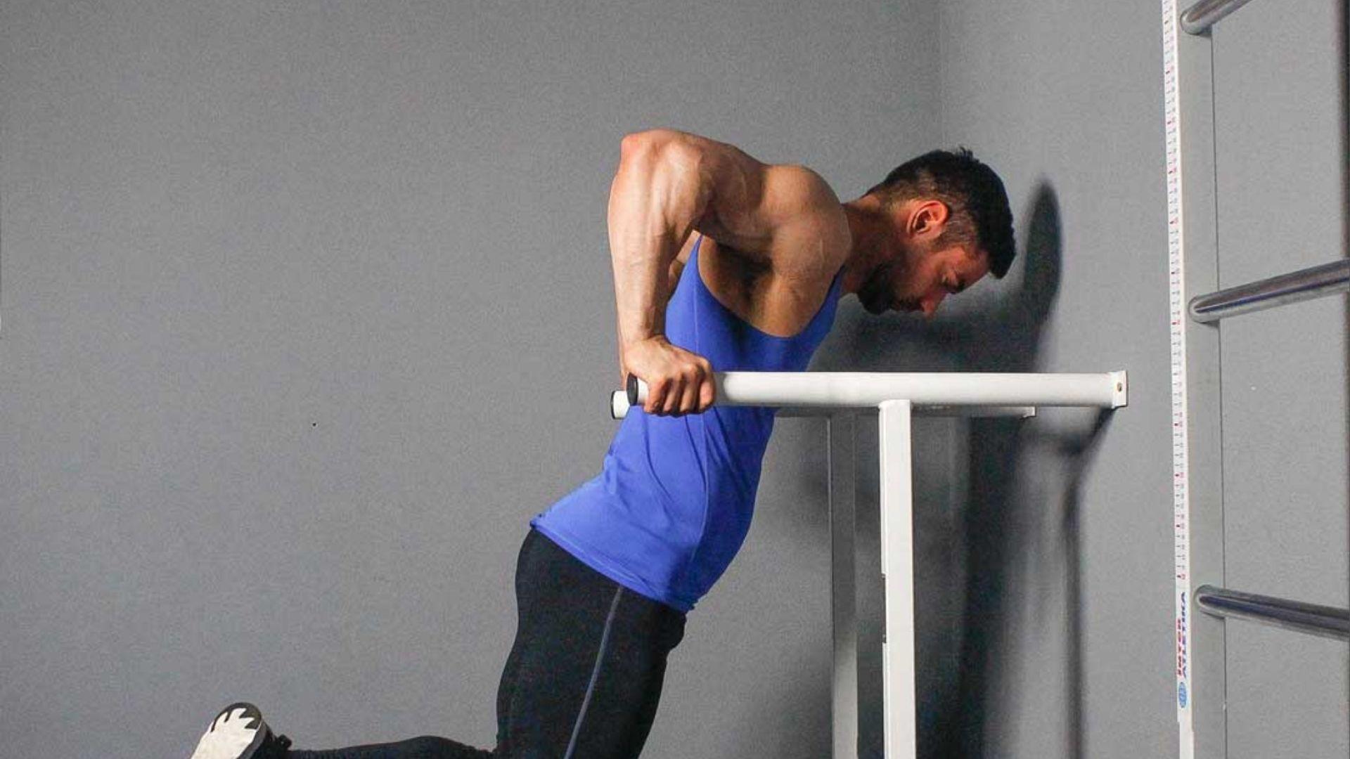 Side view of a man in a blue shirt performing standard parallel bar dips.
