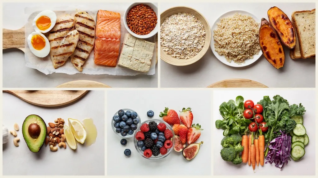 Healthy foods for female body recomposition including protein sources, carbohydrates, fats, fruits, and vegetables.